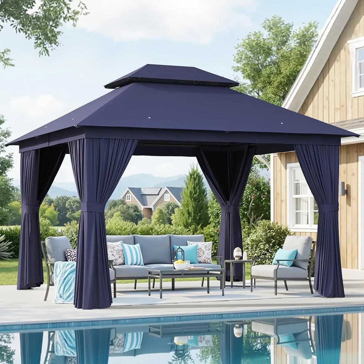 Aoxun Outdoor Gazebo for Patio 10x12, Metal Frame Canopy with Double Roofs, Heavy Duty Party Tent and Shelter with Mosquito Netting and Privacy Screen for Backyard, Lawn, Garden, Deck(10 X 10/Khaki)