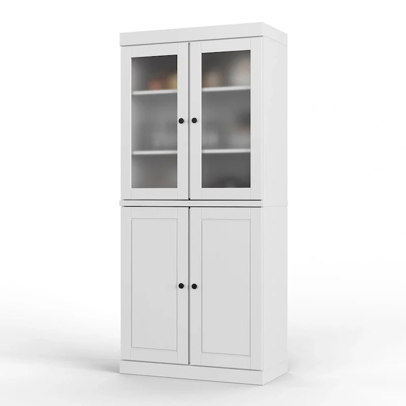 100% Solid Wood Pantry Cabinet with Frosted Glass Doors, Solid Doors, 2-Drawers and Adjustable Shelves(Black)