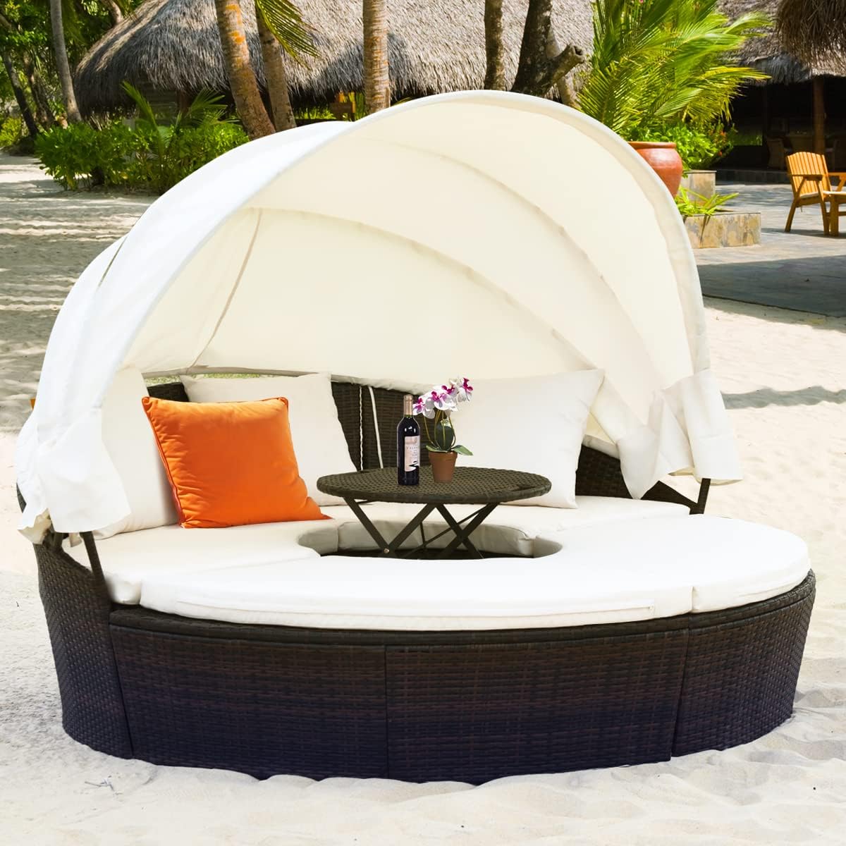 Outdoor daybed, rattan round daybed with sunshade canopy, patio set with cushions and adjustable coffee table, rattan patio furniture, suitable for backyard terraces, porches, and poolside (green color)(Off-white)