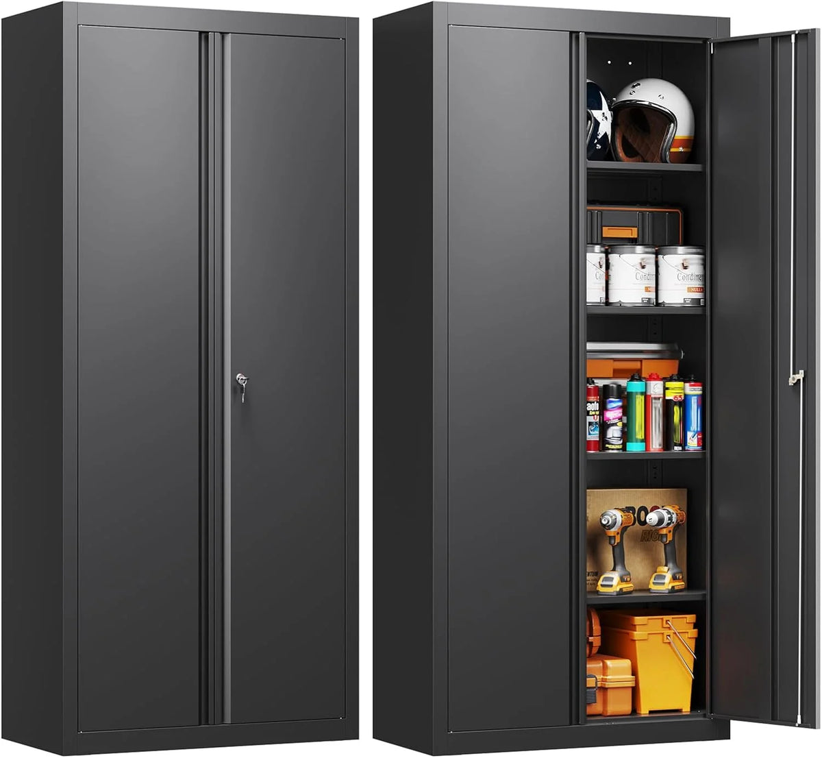 Yizosh Metal Garage Storage Cabinet with 2 Doors and 5 Adjustable Shelves(71"H x 32"W x 16"D-B/Black)