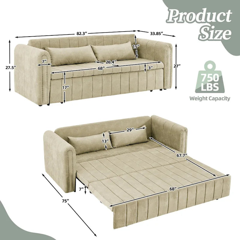 Velvet Upholstered Modern Convertible Sleeper Lounge Sofa Bed with Rolled Arms Decorated with Copper Nails(Black)