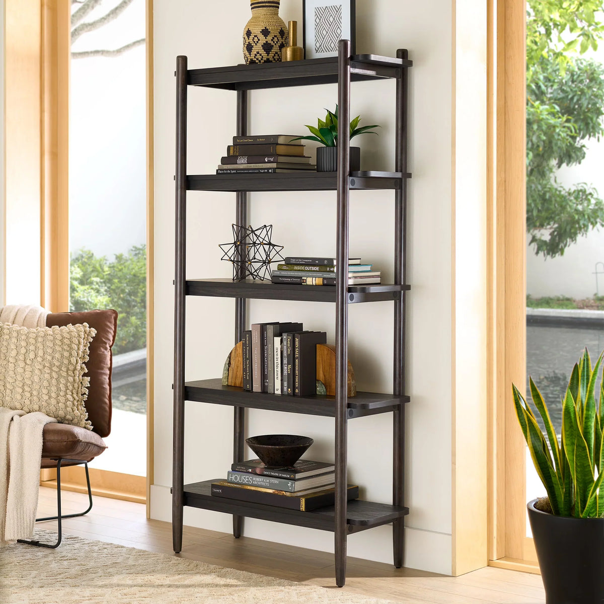 Better Homes & Gardens Springwood 5 Shelf Bookcase with Solid Wood Frame, Light Honey Finish
