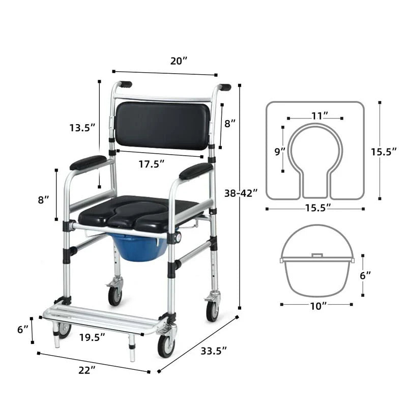 2-in-1 Foldable Shower Commode Wheelchair, Aluminum Alloy Transport Chair Toilet Bedside Wheelchair with Commode(Default Title)