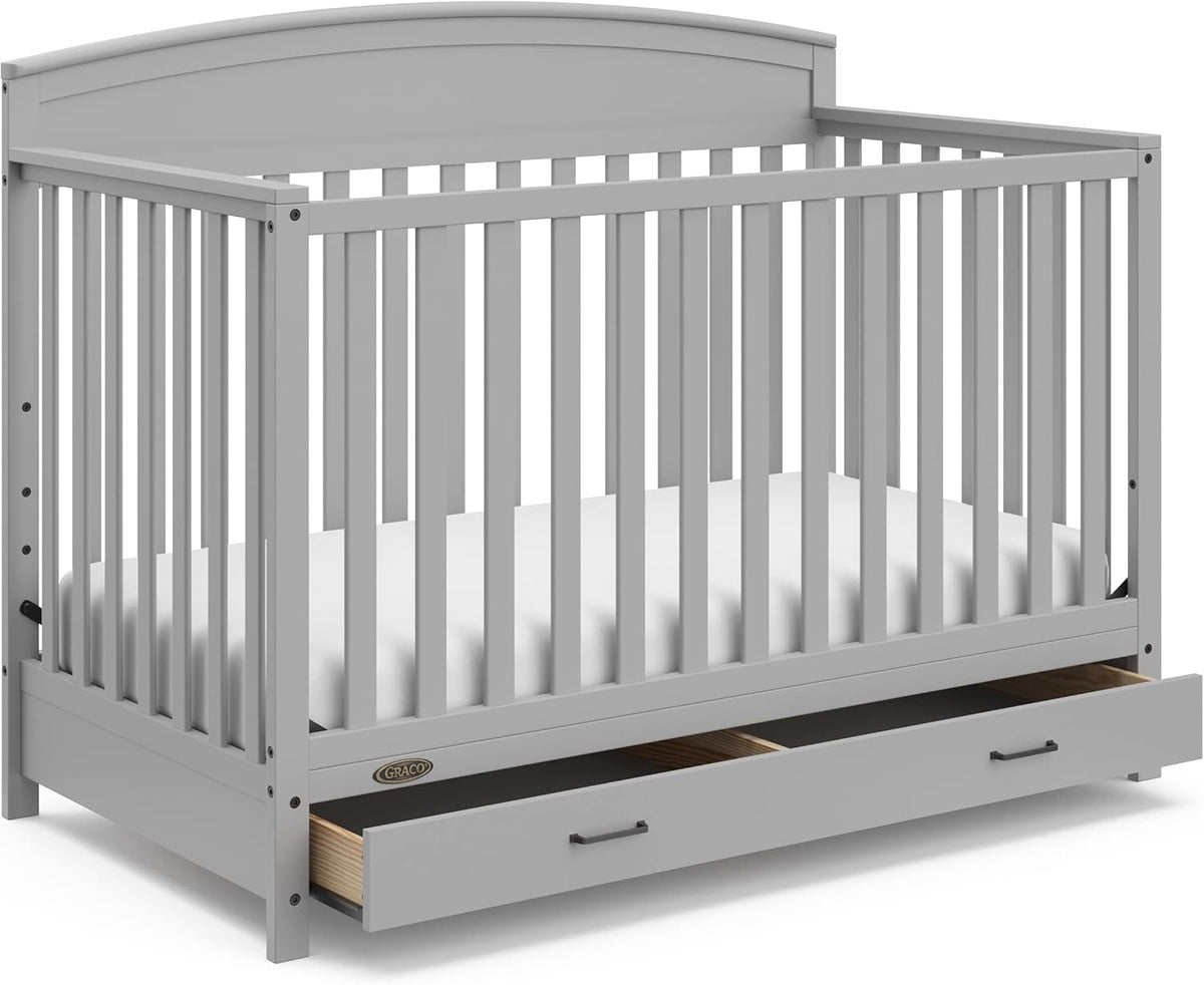 5-in-1 Convertible Baby Bed (with drawers, white) - Green Guardian Gold Certification, built-in baby bed storage drawer, convertible to toddler bed, day bed and full-size bed(Pebble Gray)