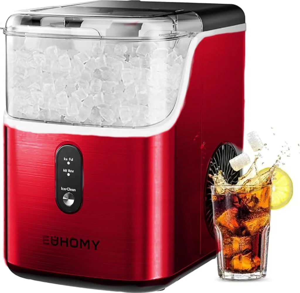 EUHOMY Nugget Ice Maker Countertop, Ready in 7 Mins, 34Lbs/24H Pebble Ice Maker Machine, Self-Cleaning Countertop Sonic Ice Makers with Ice ScoopBasket, Pellet Ice Maker for Home, Stainless Steel(Red)