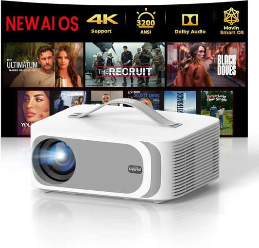 [5000+ Official-Apps 3200 ANSI 50W Dolby Audio] Outdoor-Projector-4k with WiFi(Standard Pro/Pure White)