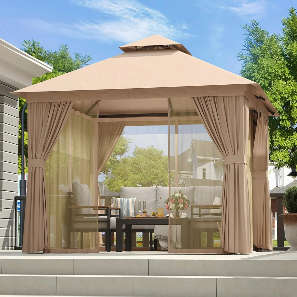 Aoxun Outdoor Gazebo for Patio 10x12, Metal Frame Canopy with Double Roofs, Heavy Duty Party Tent and Shelter with Mosquito Netting and Privacy Screen for Backyard, Lawn, Garden, Deck(10 X 10/Khaki)