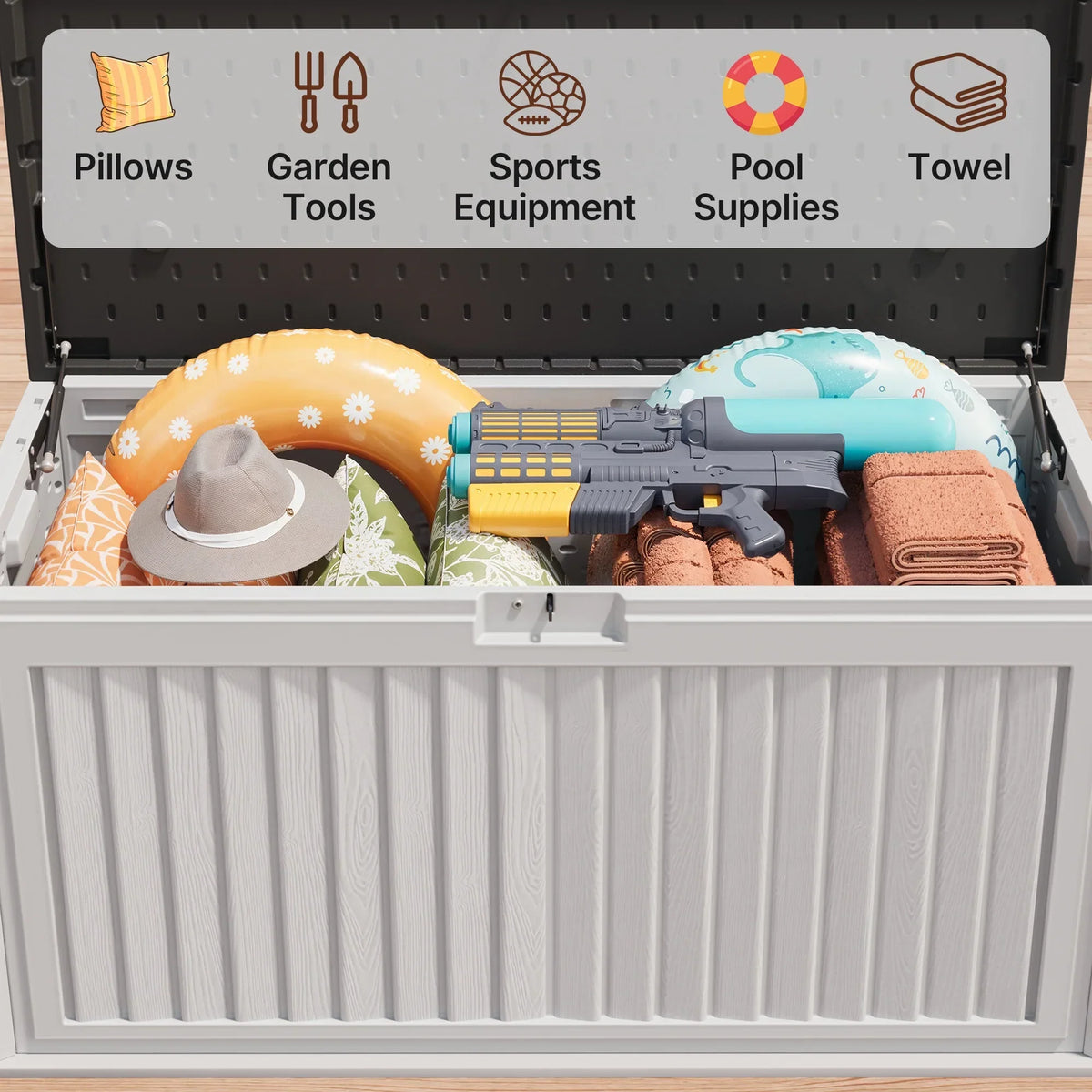 100 Gallon Resin Deck Box, Asofer Lockable Patio Outdoor Storage Box, Garden Tools Storage, Beige/Brown