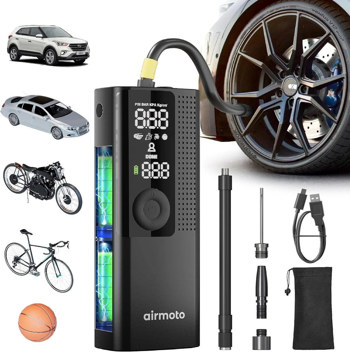 Airmoto Tire Inflator Portable Air Compressor Car Tire Air Pump with Digital Pressure Gauge, LED Light and Auto Shutoff(1-Pack)