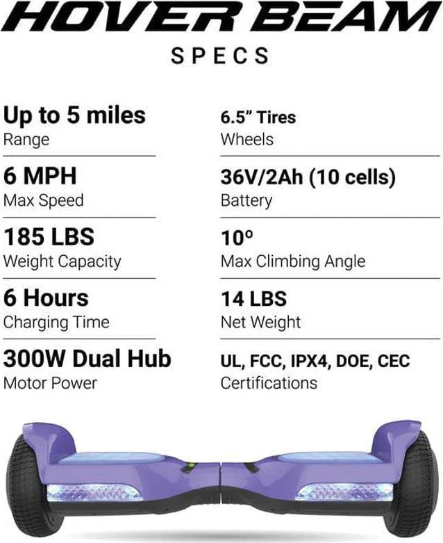 Voyager HoverBeam Purple Hoverboard with Light-up Wheels and Footboard. 185lb limit.