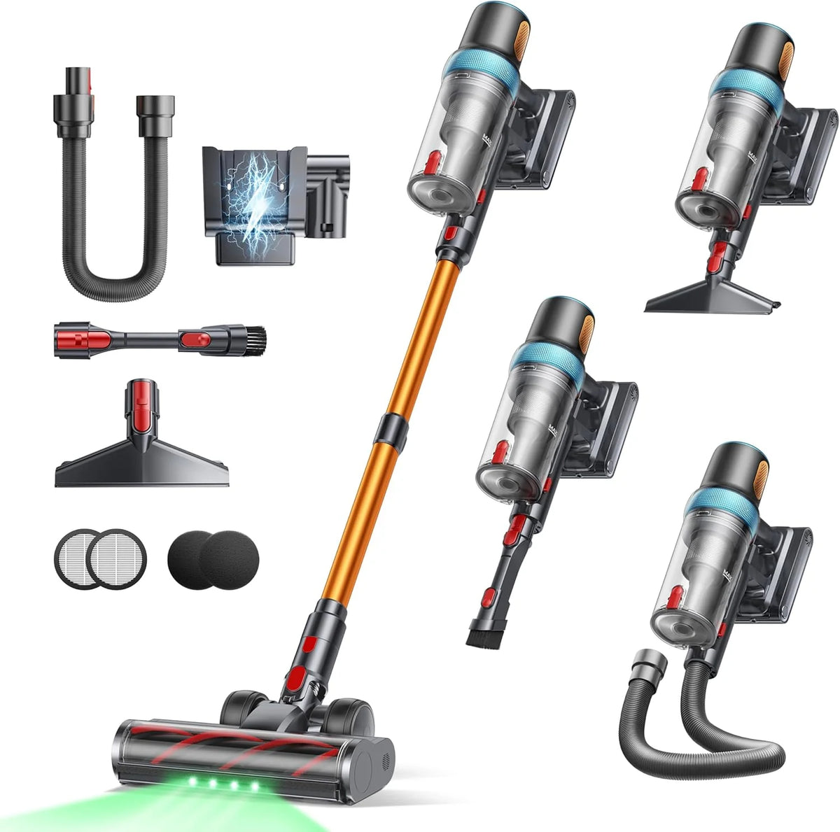 Cordless Vacuum Cleaner, 650W 55KPA 70Mins Vacuum Cleaners for Home, Upgraded Stick Vacuum with 3.3Ft Extendable Hose, LED Touch Screen, Wall Charging Station, Auto Mode for Carpet Pet Hair Hard Floor(Gold)