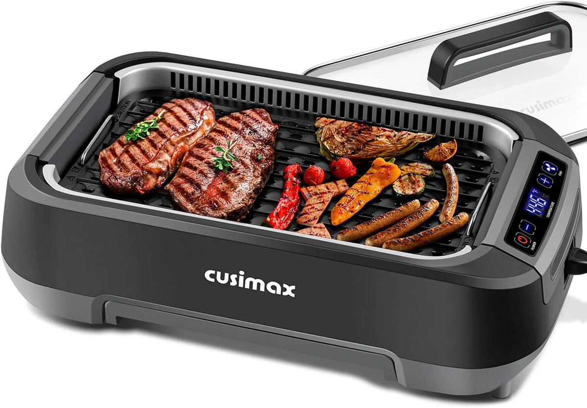 Smokeless Indoor Grill, CUSIMAX Electric Grill with Non-stick Removable Grill/Griddle Plate, 1500W Korean BBQ Grill with LED Smart Display Tempered Glass Lid, Easy to Clean, Black(Korean BBQ Grill/Single Grill Plate)