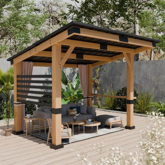 [10x12FT] Heavy Duty Premium Outdoor All-Season Wooden Cedar Hardtop Gazebo With Metal Roof Back Curtains (SAK57184)(Buy 1)