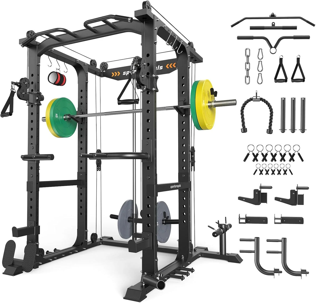Sportsroyals Squat Rack, LAT Power Cage, Power Rack Multi-Function with Pulley System(Red / Black/140LB Package (Pro Power Cage BK))