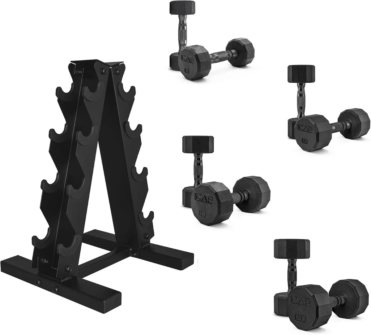 CAP Barbell Rubber Coated Dumbbell Weight Set with Vertical Rack | 100 lb, 150 lb, and 210 lb Options(100 lb - Set/12-Sided Black Handle)