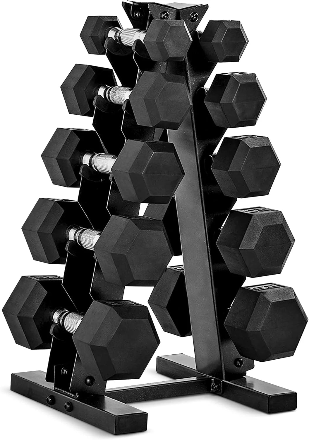 CAP Barbell Rubber Coated Dumbbell Weight Set with Vertical Rack | 100 lb, 150 lb, and 210 lb Options(100 lb - Set/12-Sided Black Handle)