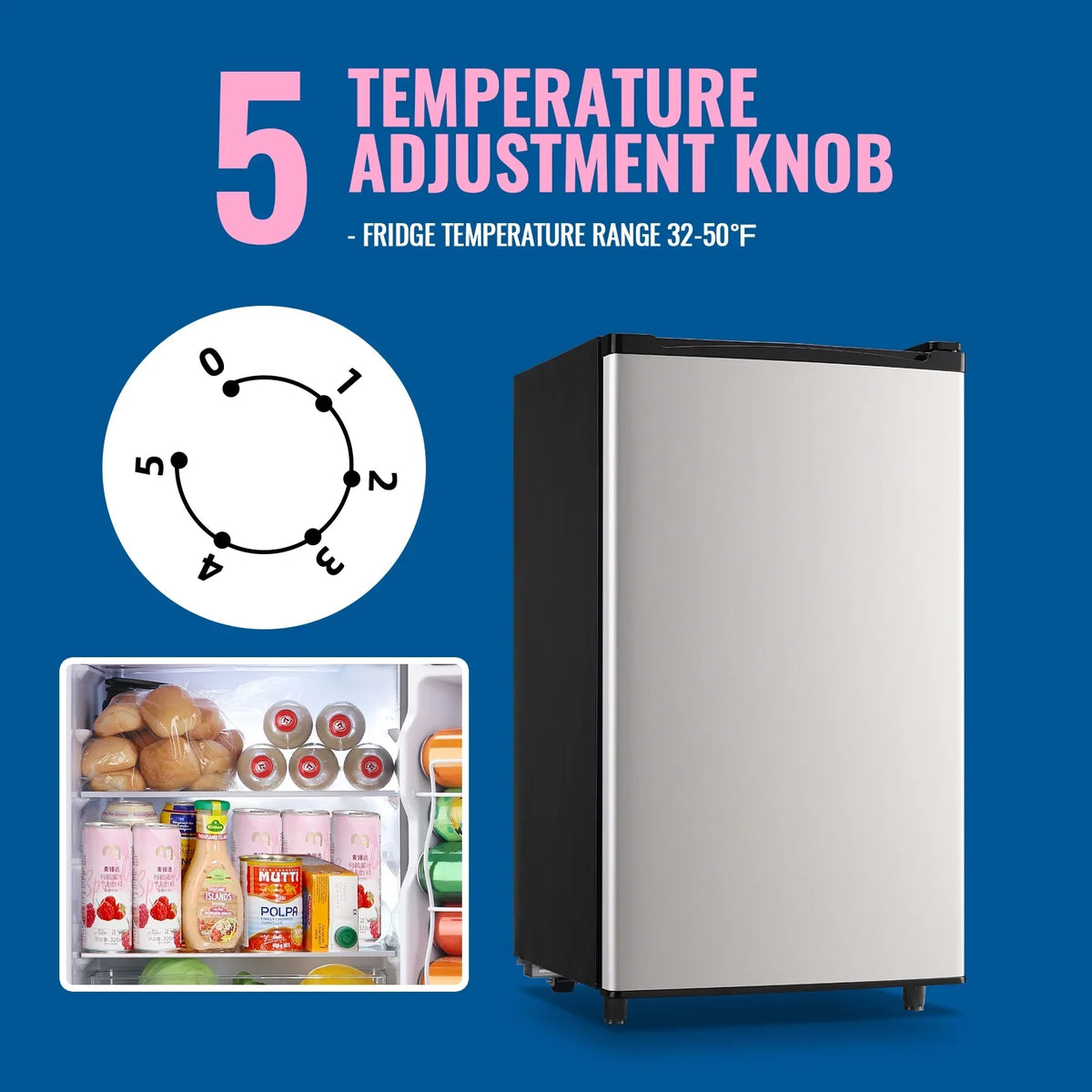 WANAI 3.2 Cu.ft Mini Refrigerator with 5 Temp Control Small Fridge Compact Size for Any Room Silver