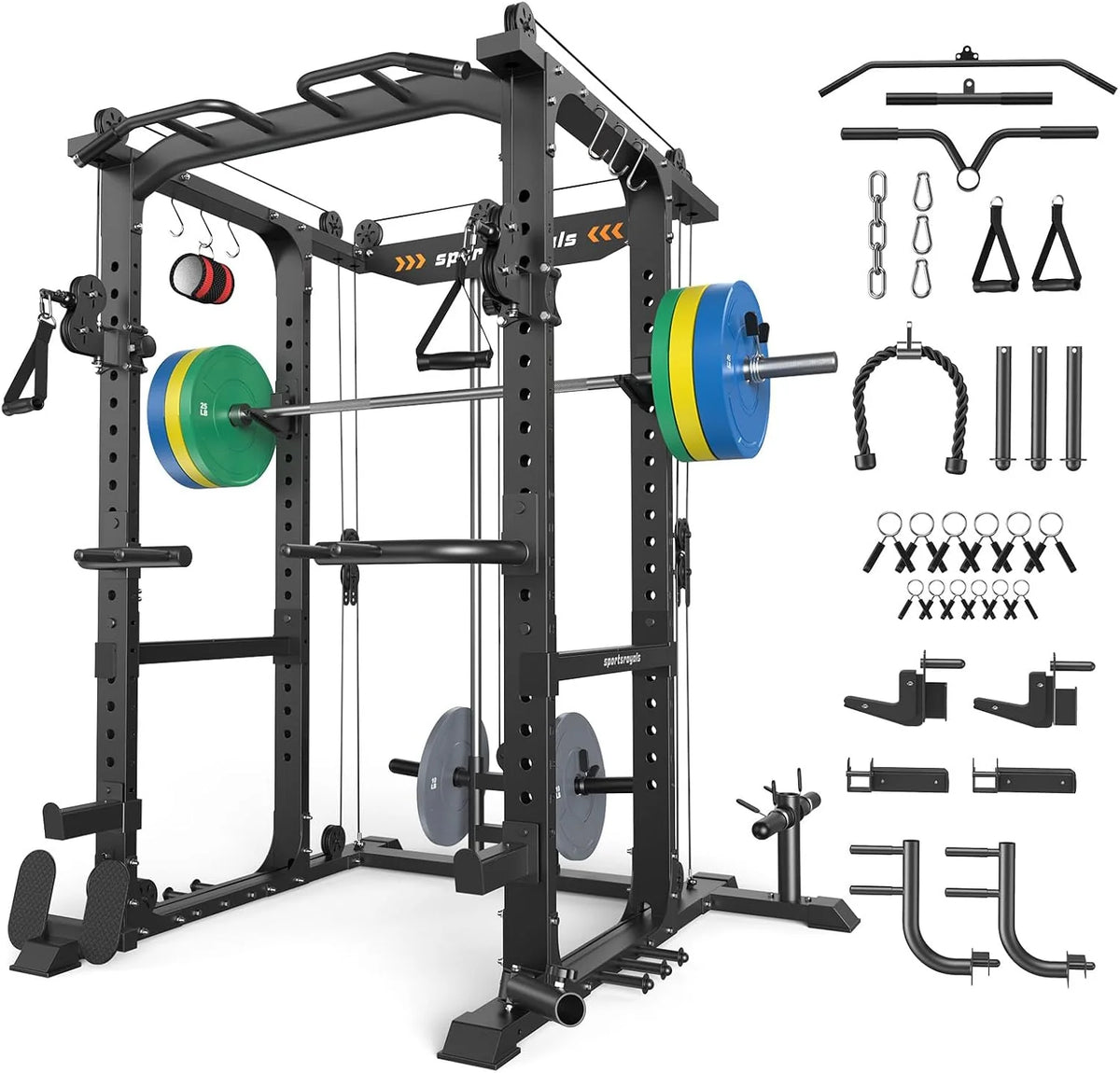 Sportsroyals Squat Rack, LAT Power Cage, Power Rack Multi-Function with Pulley System(Red / Black/140LB Package (Pro Power Cage BK))